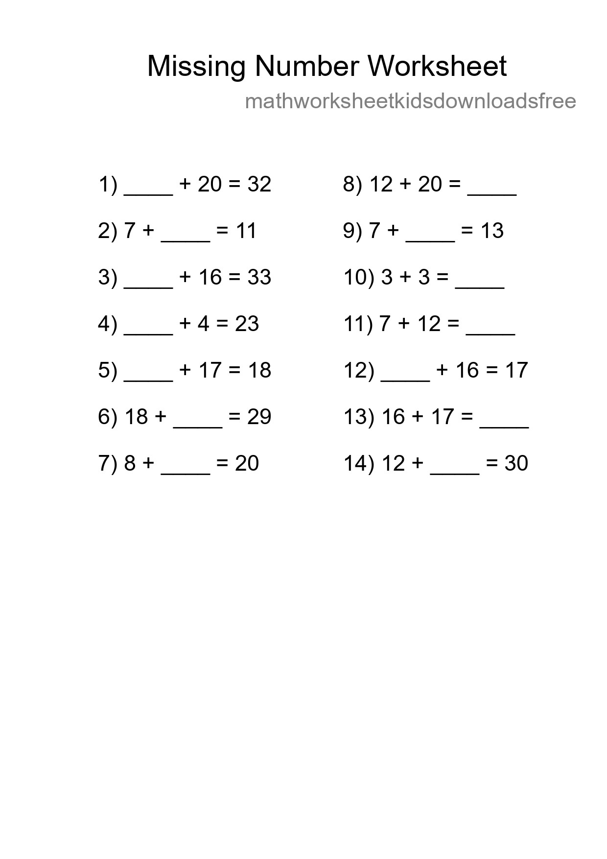 Missing Number Math Worksheet