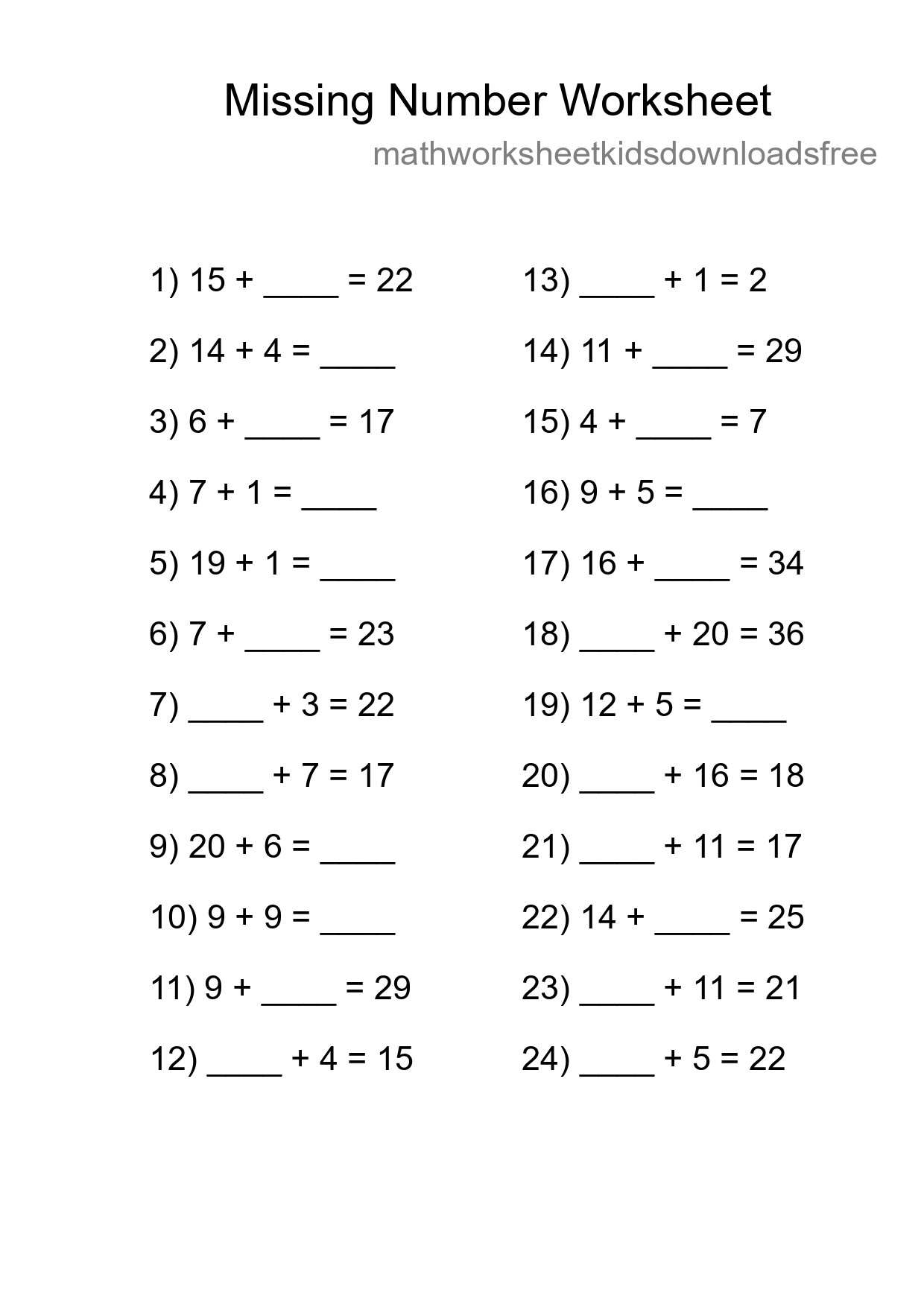 Missing Number Math Worksheet