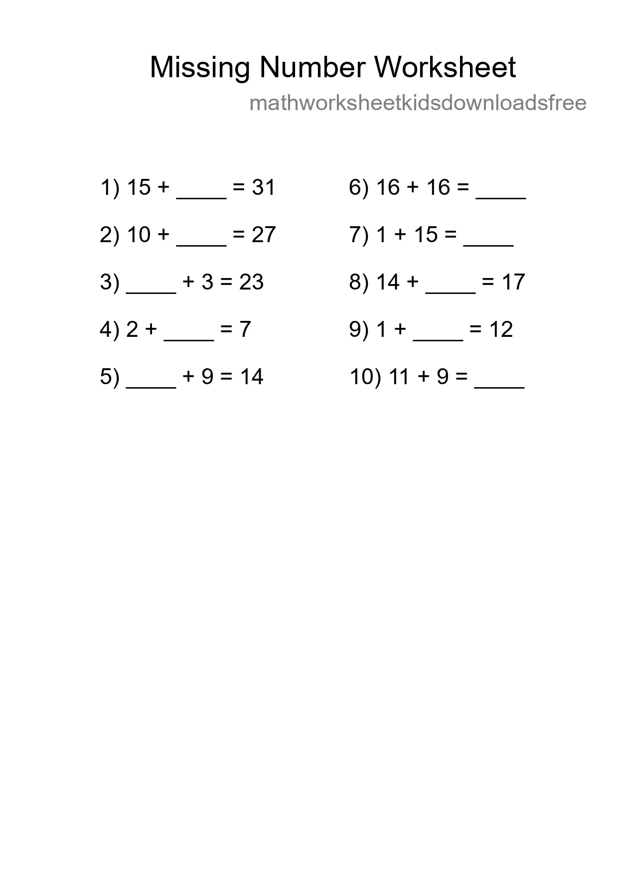 Missing Number Math Worksheet