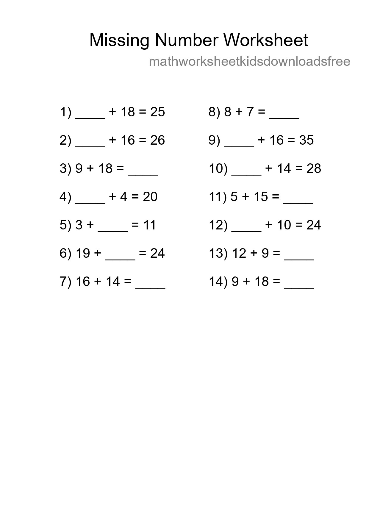 Missing Number Math Worksheet