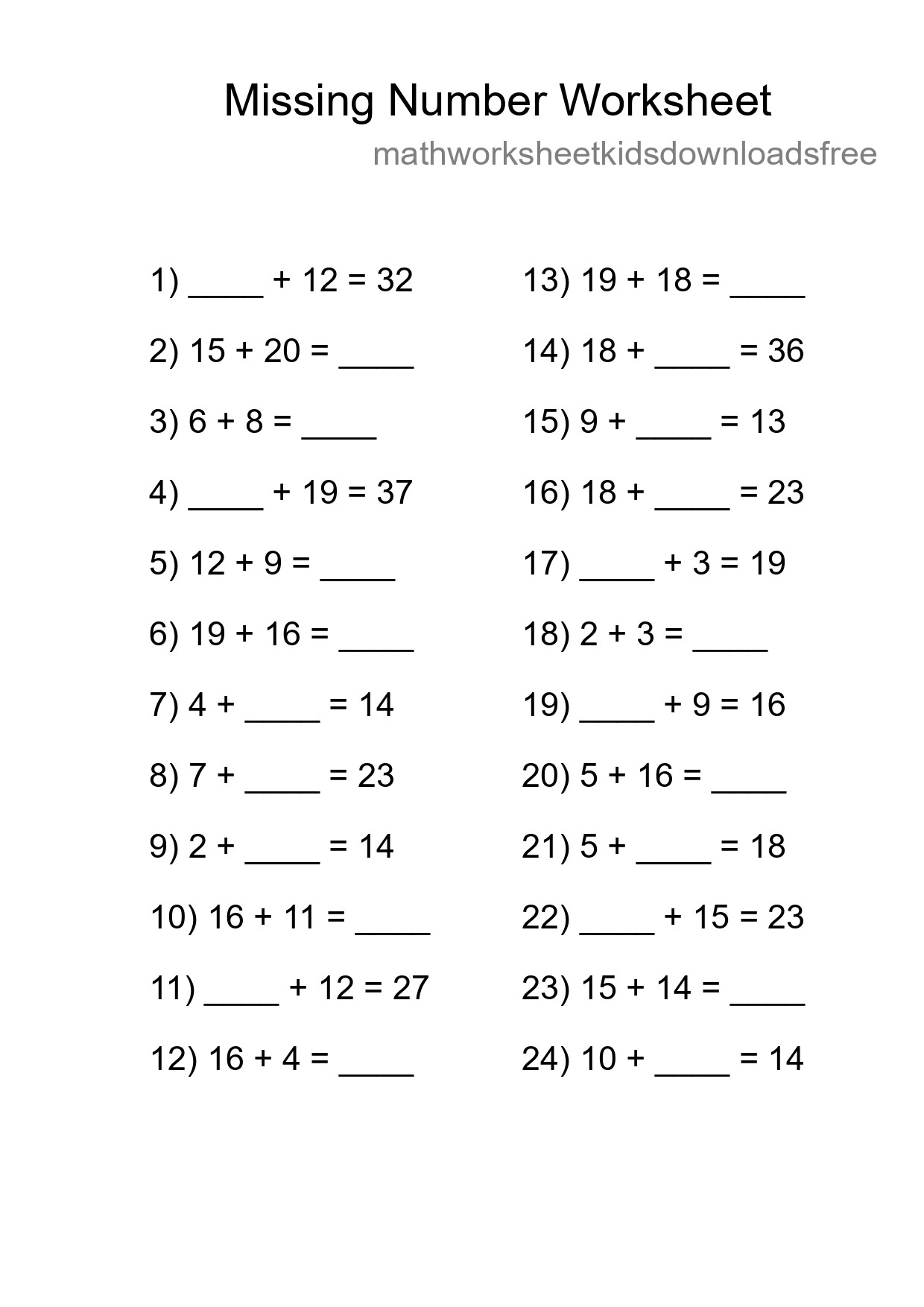 Missing Number Math Worksheet