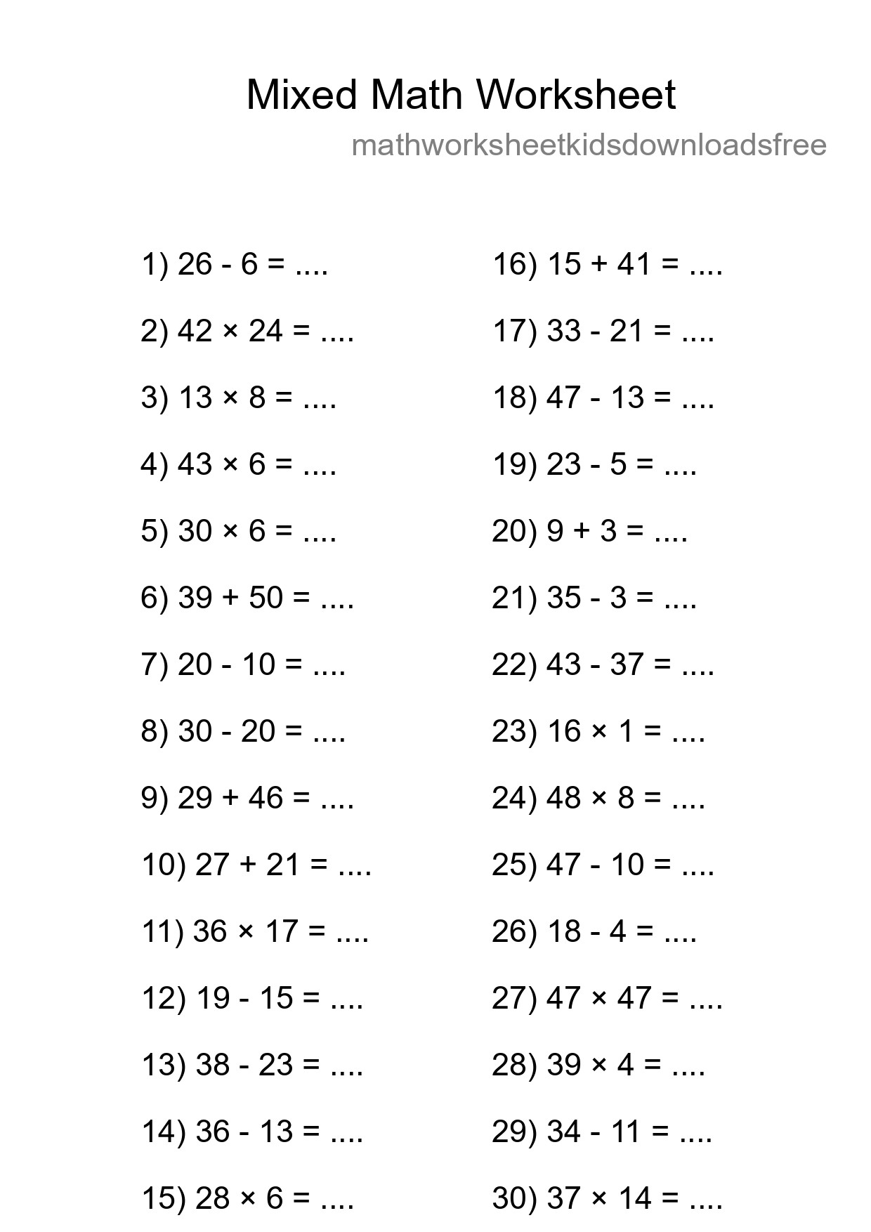 Mixed Operations Math Worksheet