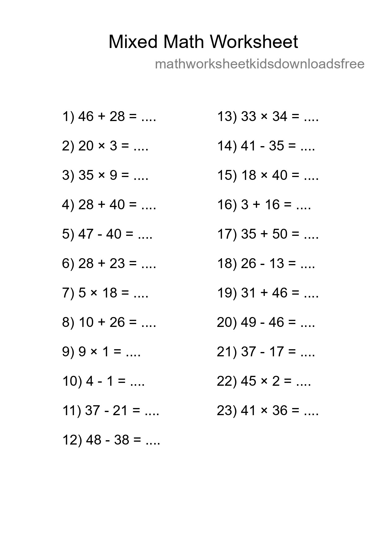 Mixed Operations Math Worksheet