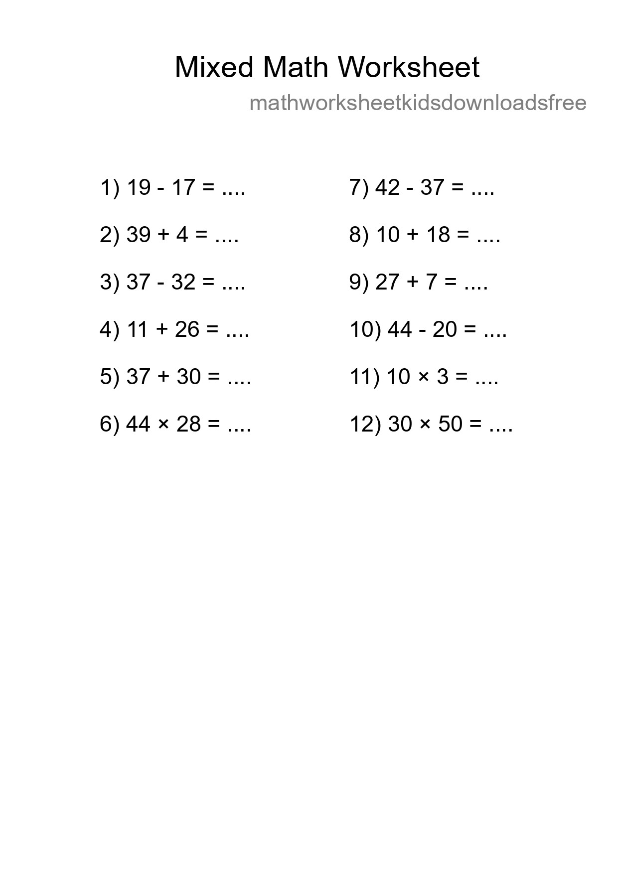 Mixed Operations Math Worksheet