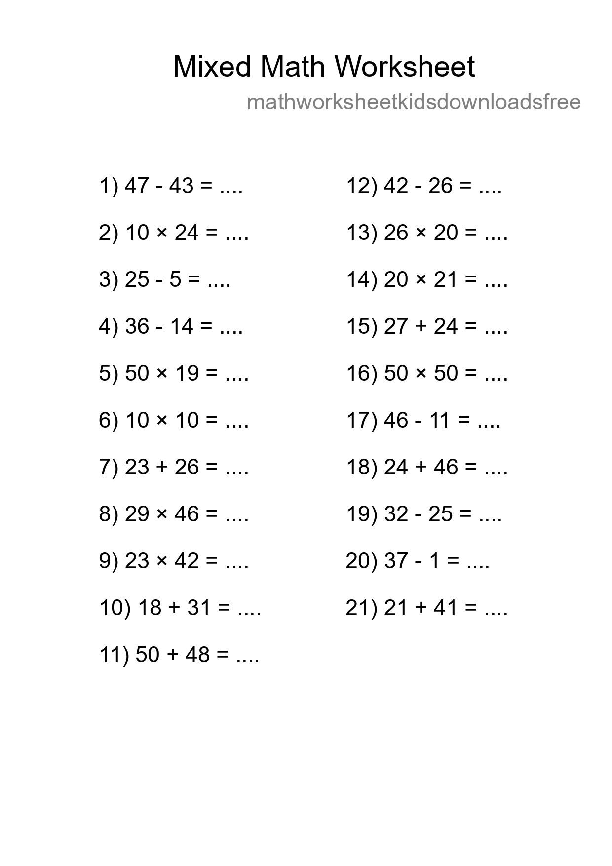 Mixed Operations Math Worksheet