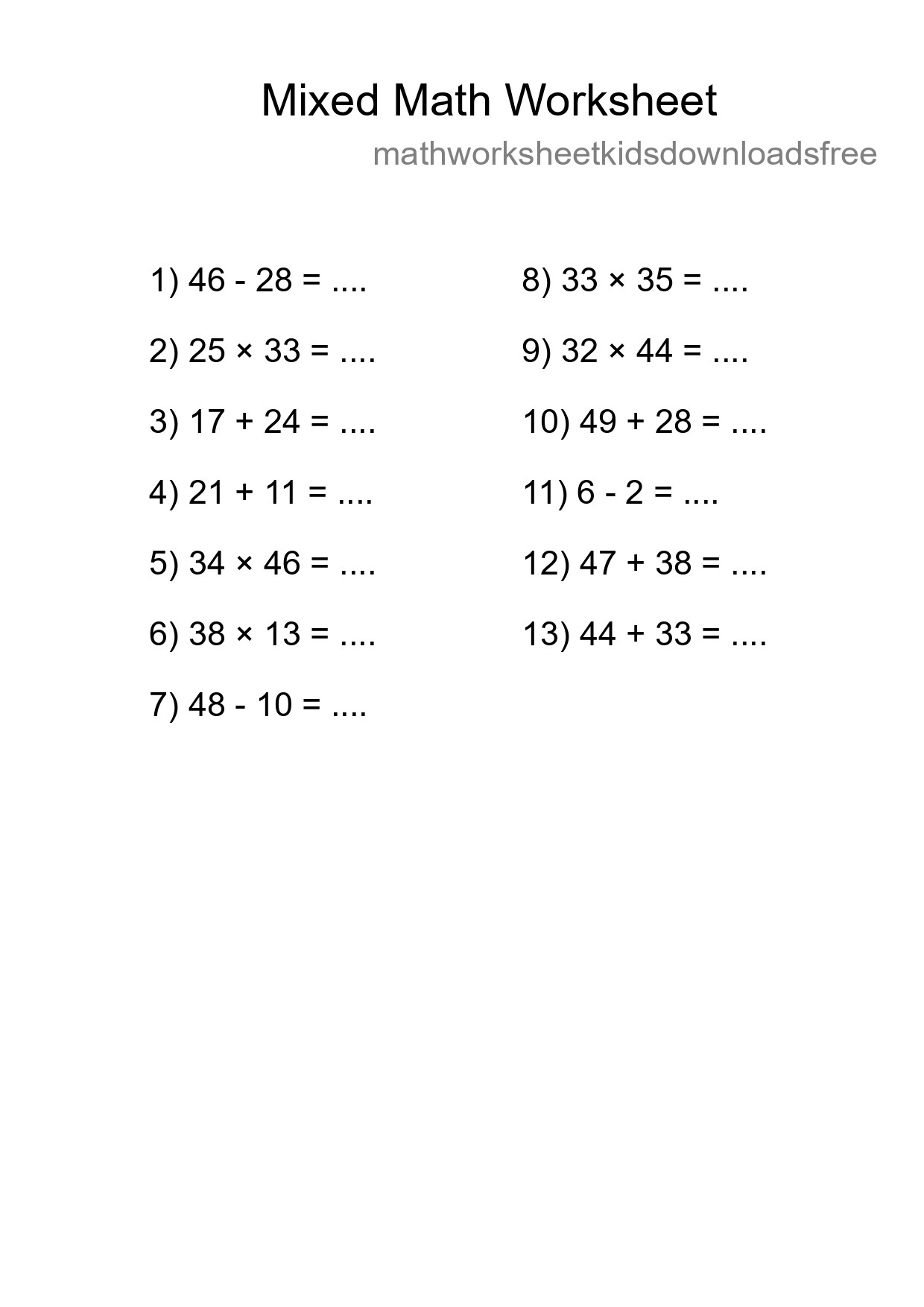 Mixed Operations Math Worksheet