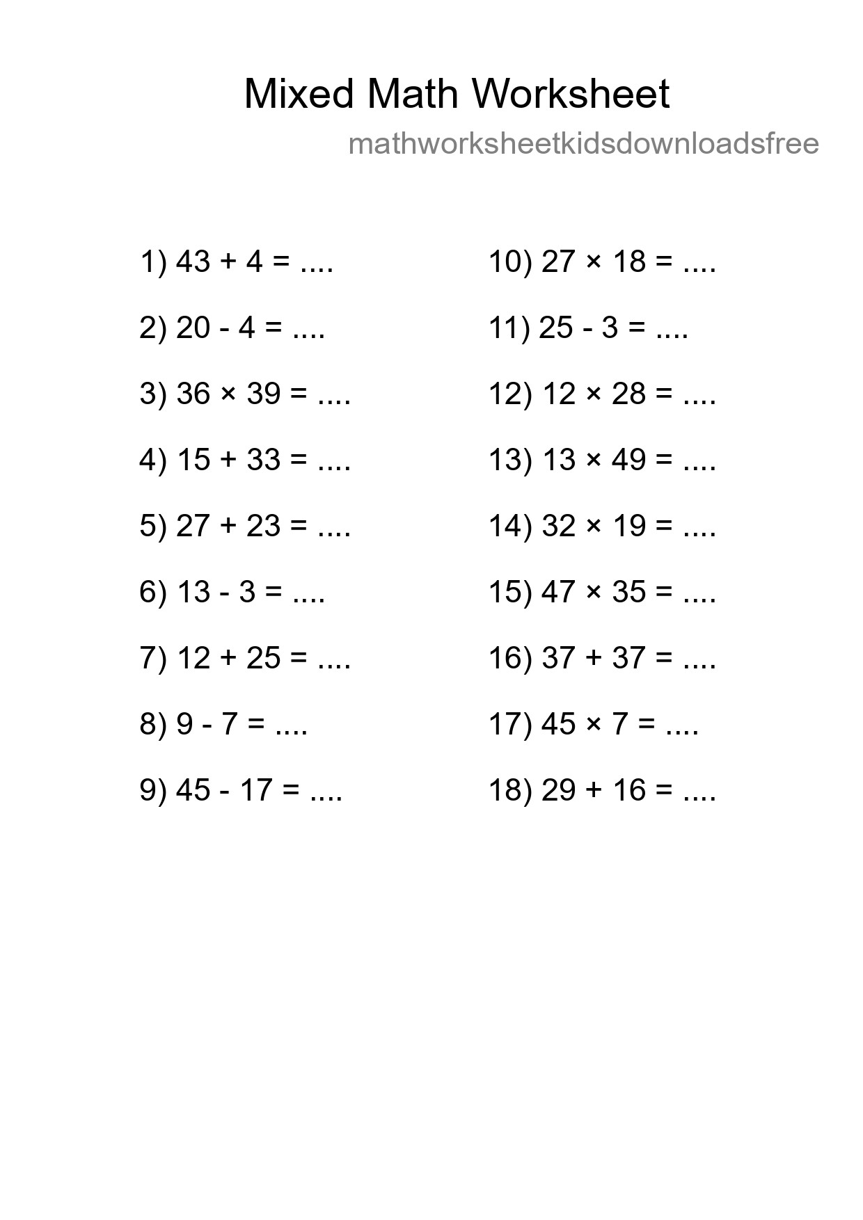 Mixed Operations Math Worksheet