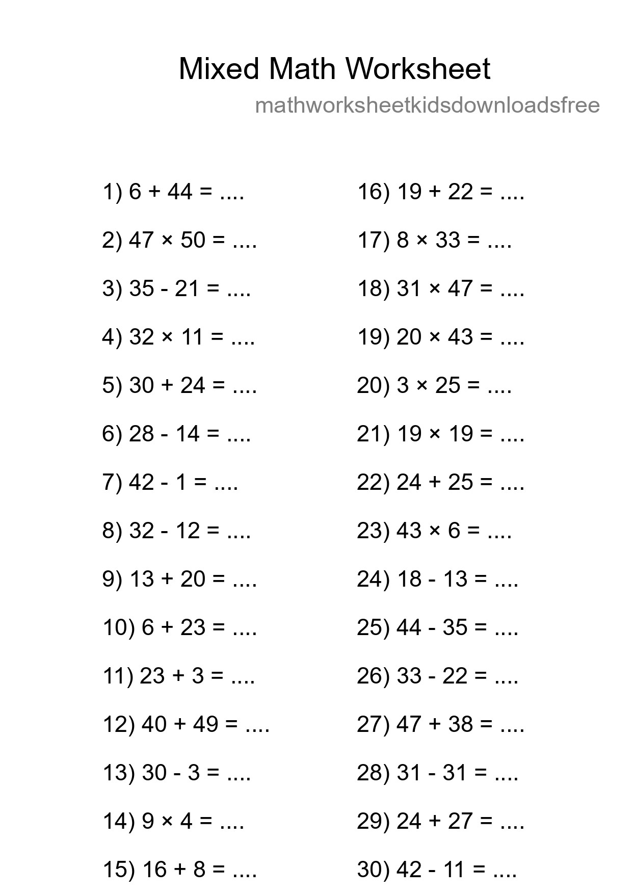 Mixed Operations Math Worksheet