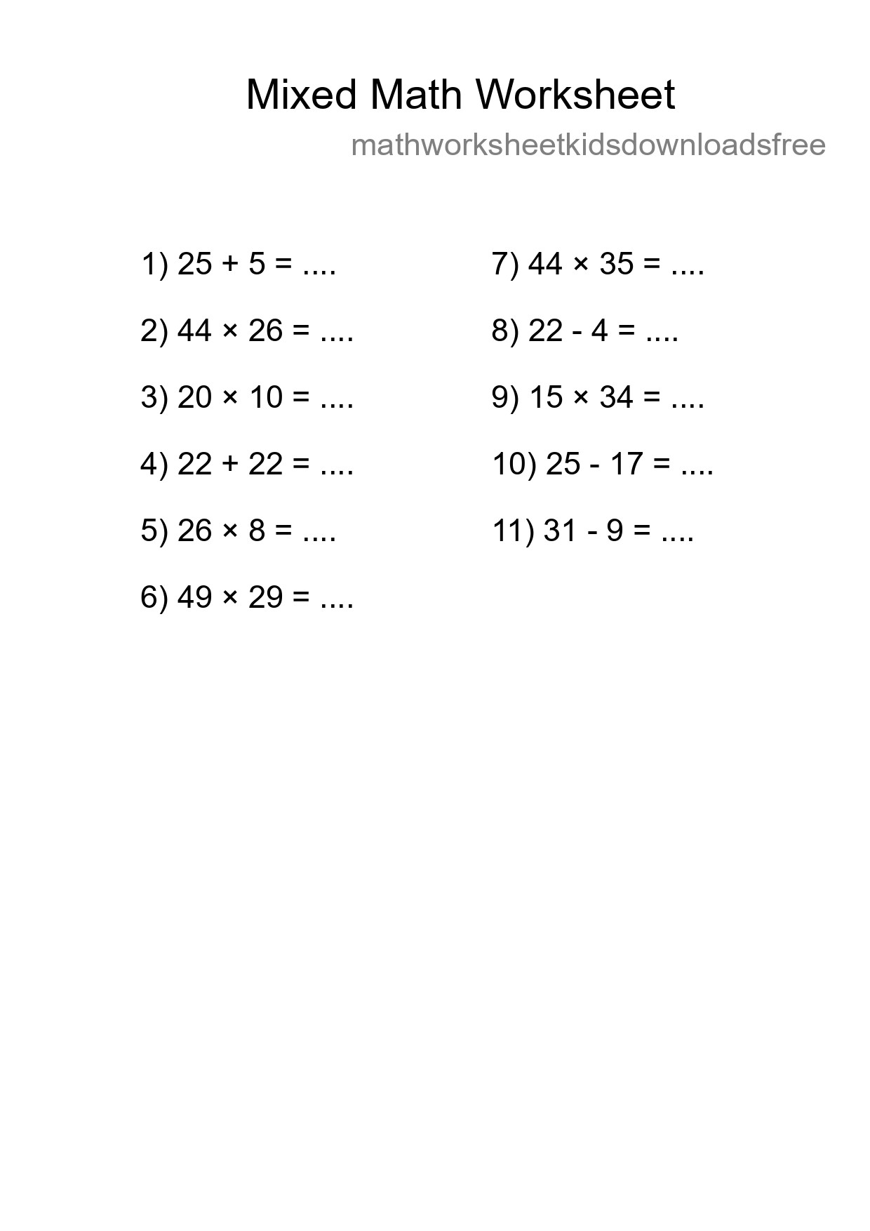 Mixed Operations Math Worksheet