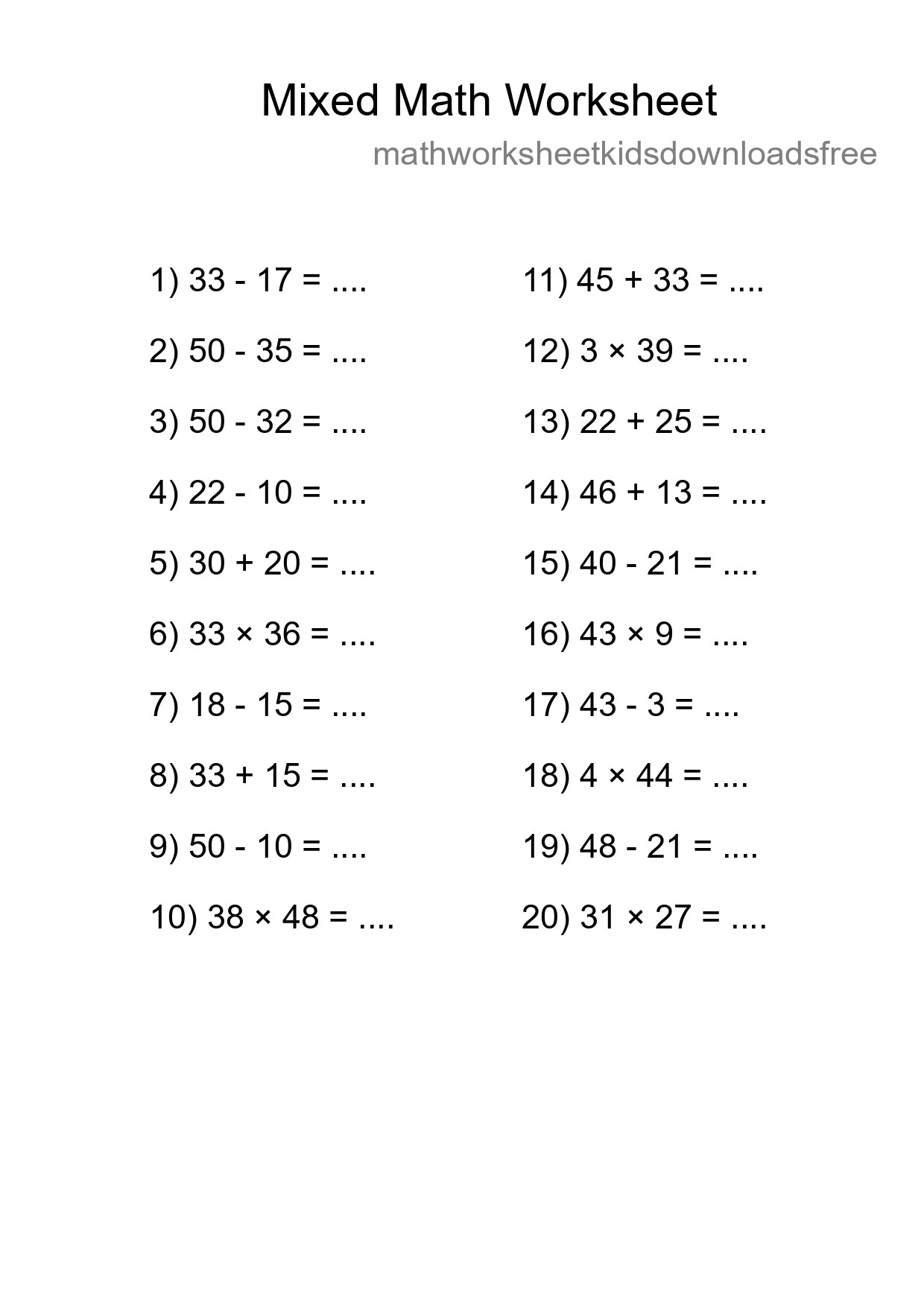 Mixed Operations Math Worksheet