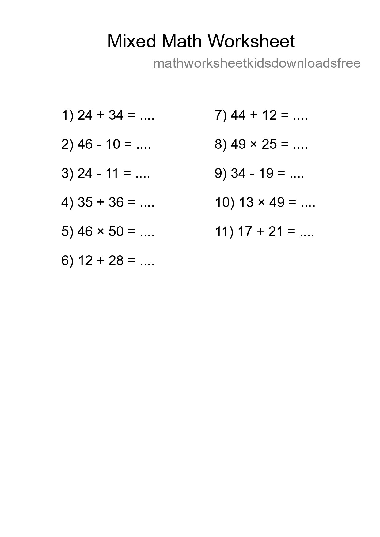 Mixed Operations Math Worksheet