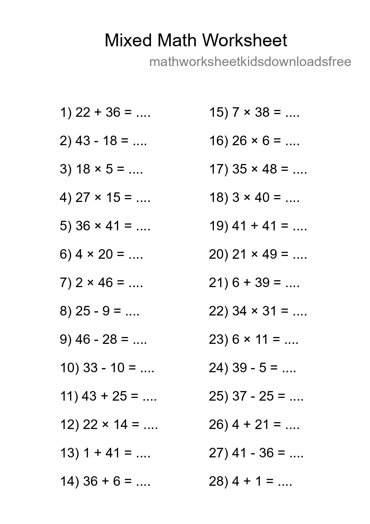 Mixed Operations Math Worksheet