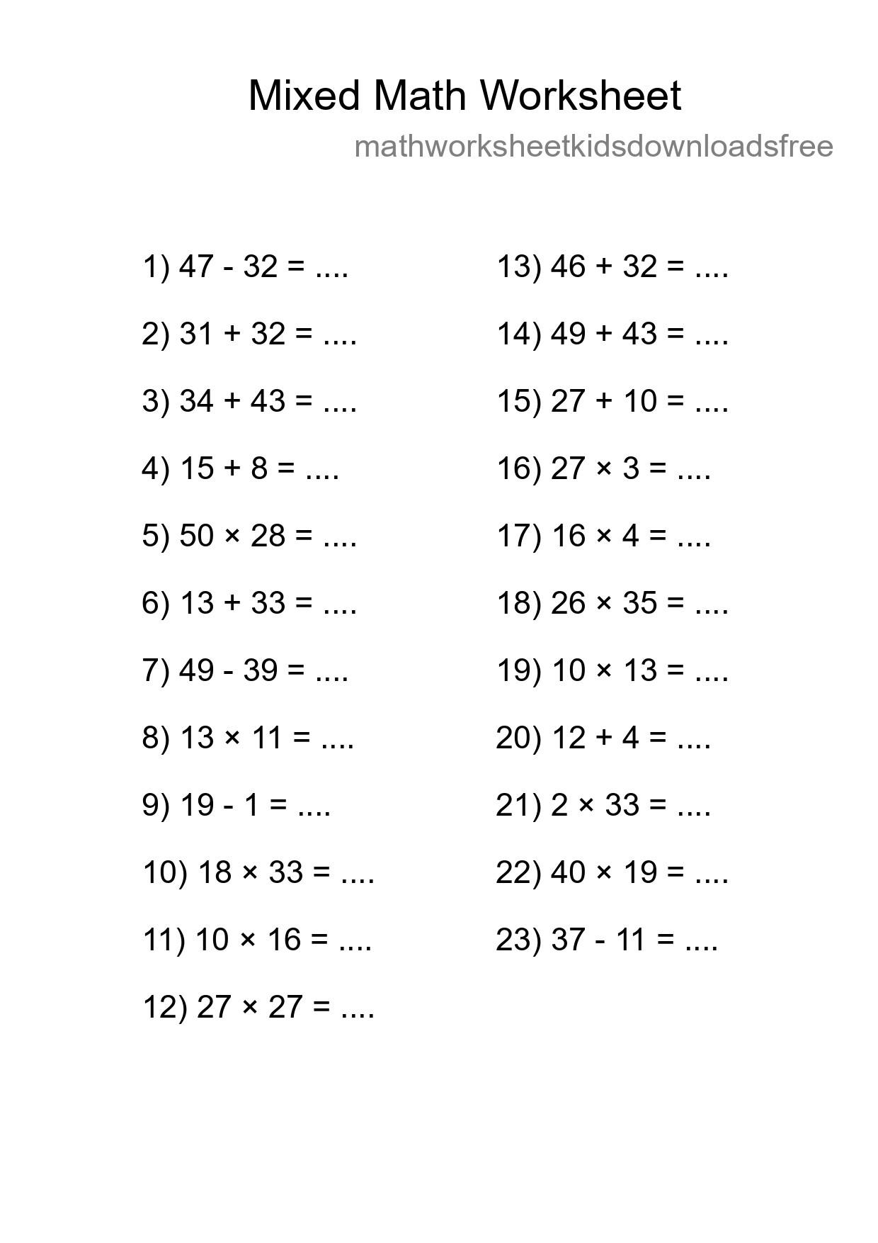 Mixed Operations Math Worksheet