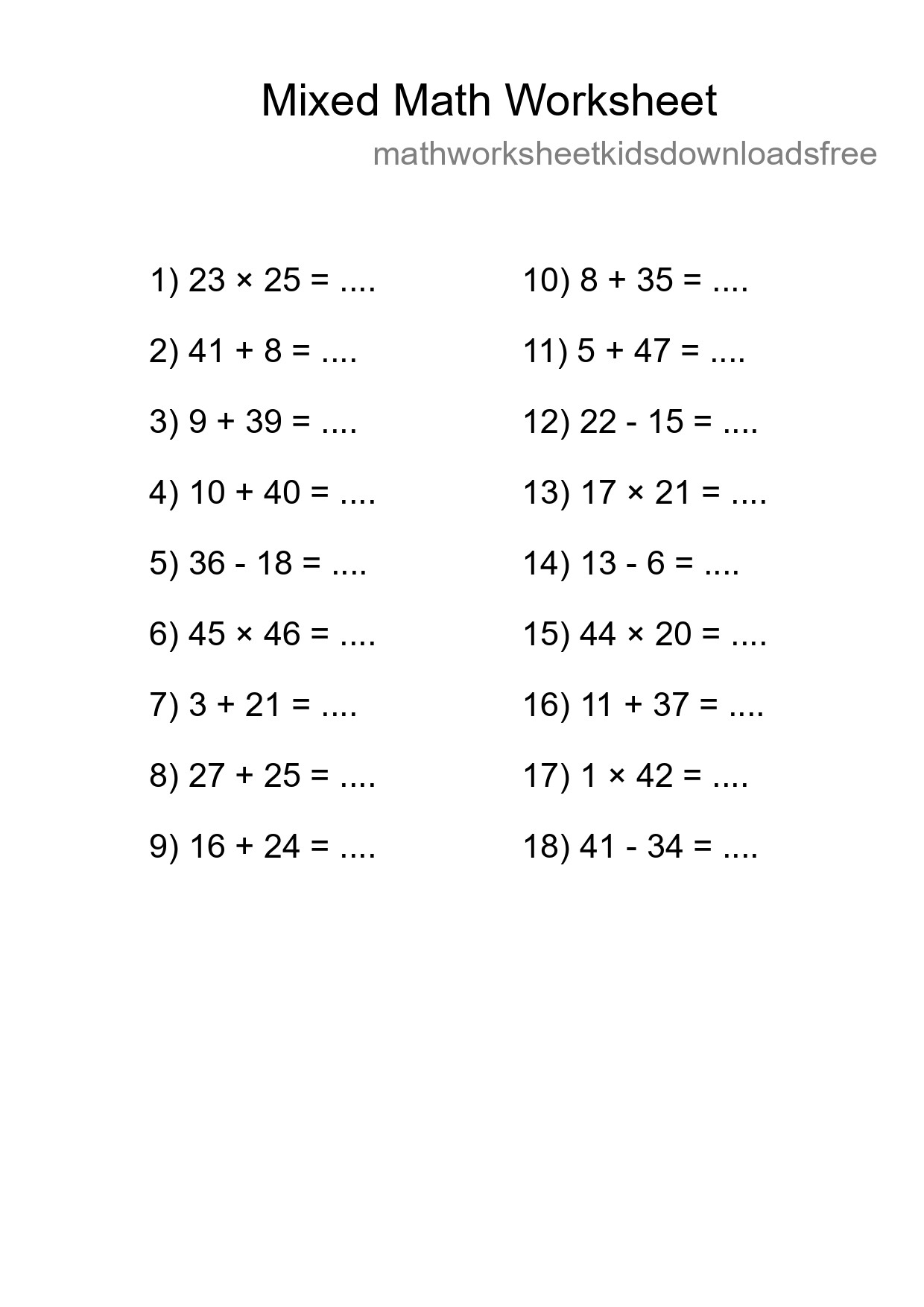 Mixed Operations Math Worksheet