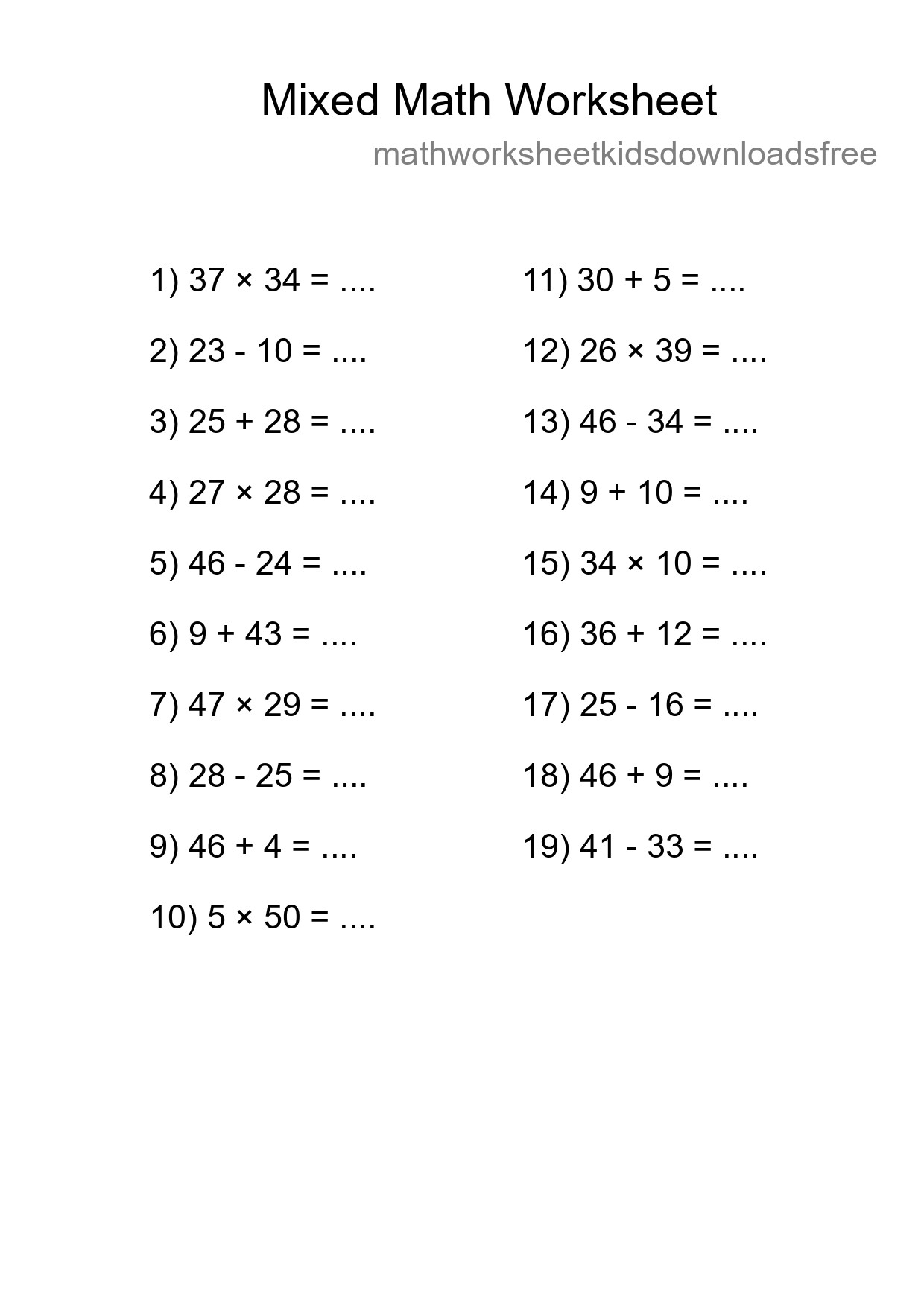Mixed Operations Math Worksheet