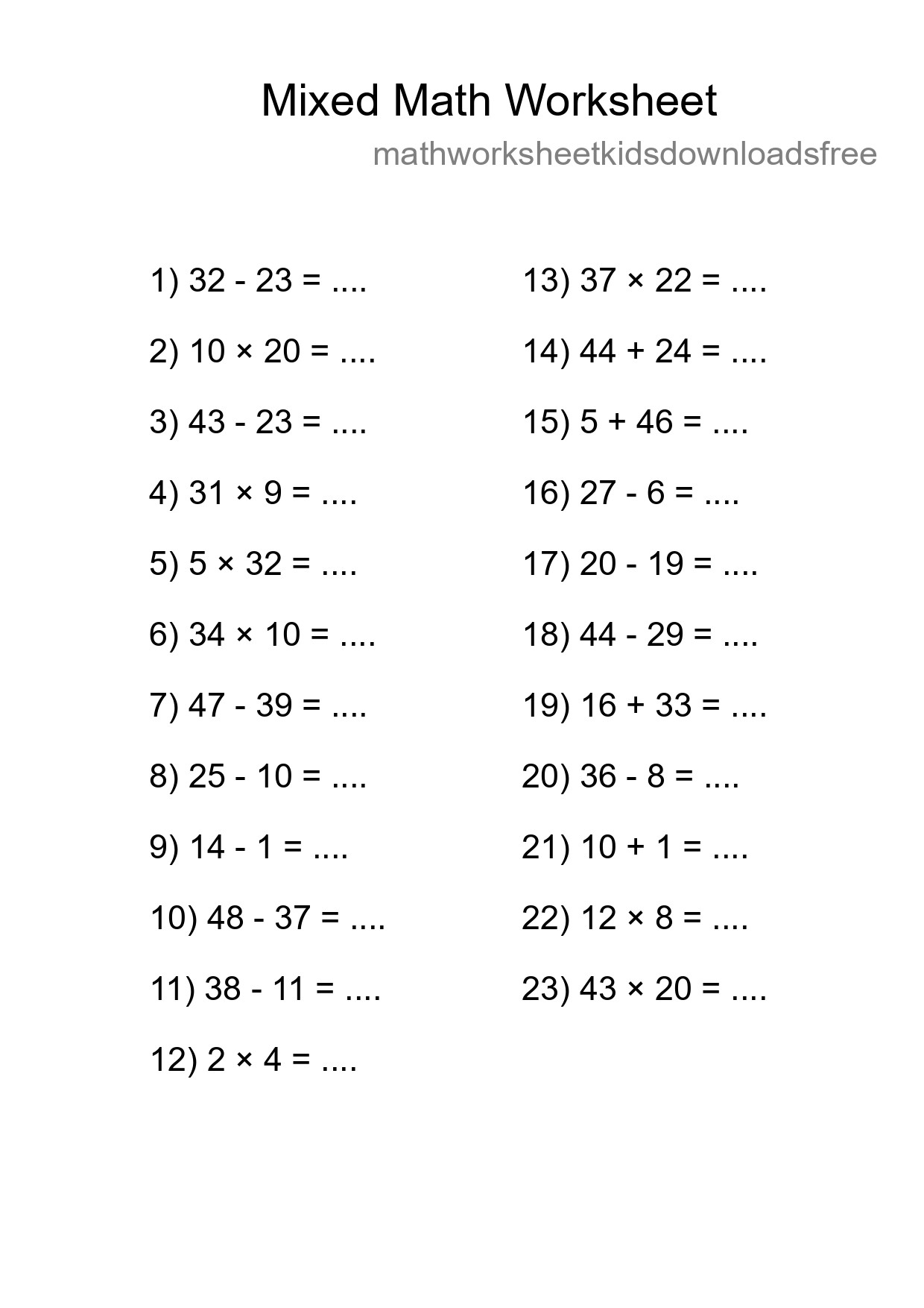 Mixed Operations Math Worksheet