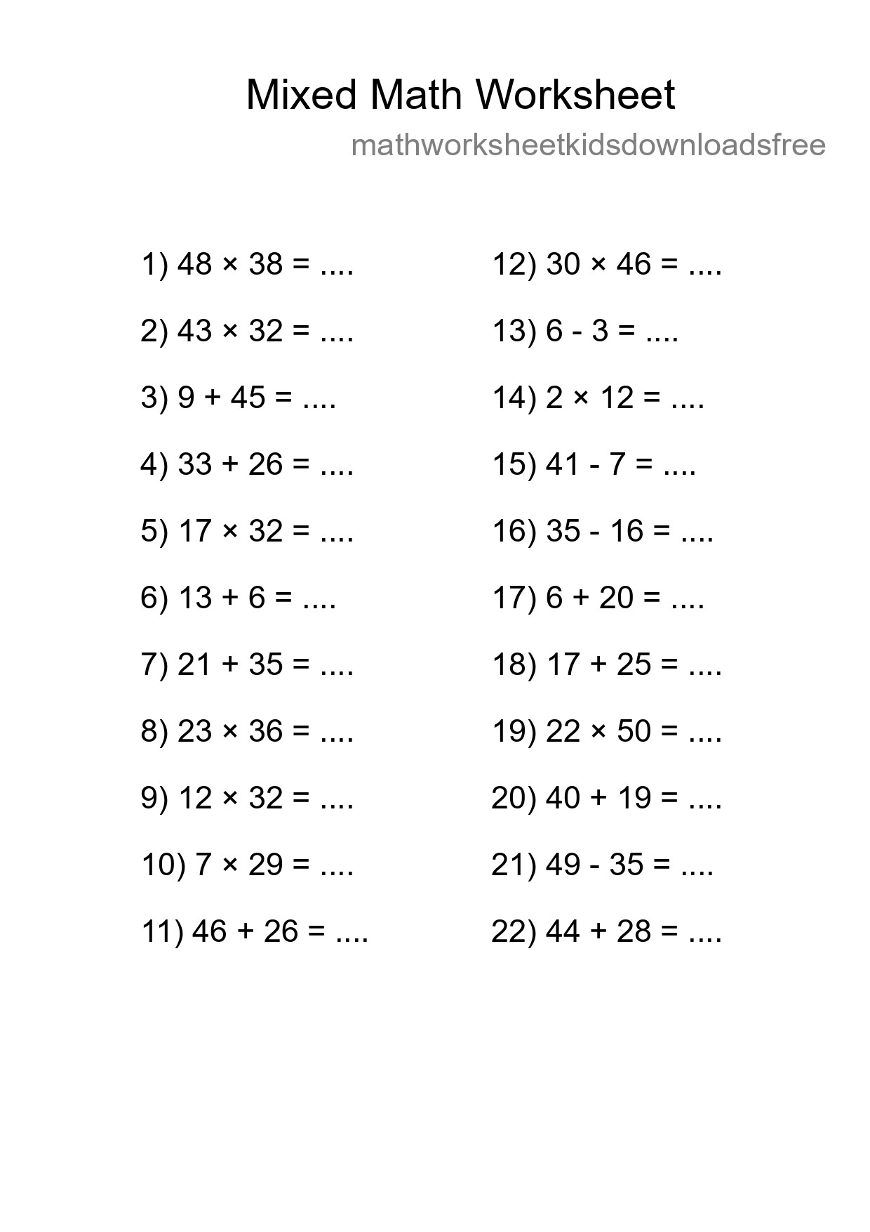 Mixed Operations Math Worksheet