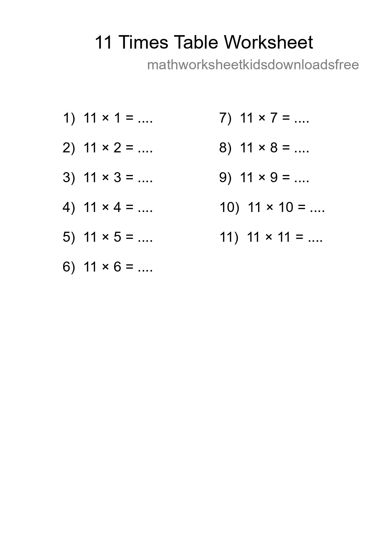Printable 11 Times Table Worksheet For Grade 4 - Part 64