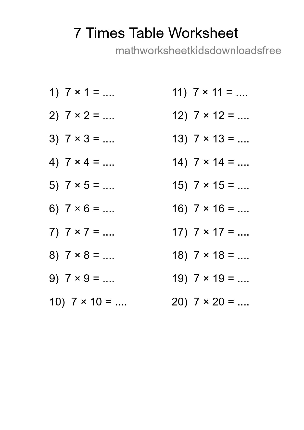 Printable 7 Times Table Worksheet For Grade 3 - Part 86