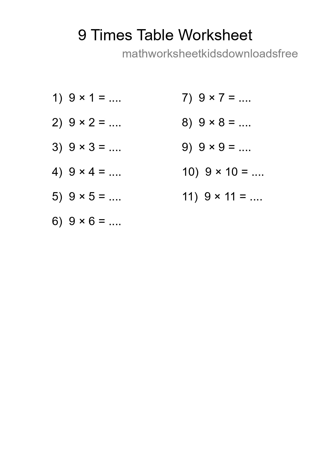 Printable 9 Times Table Worksheet For Grade 3 - Part 218