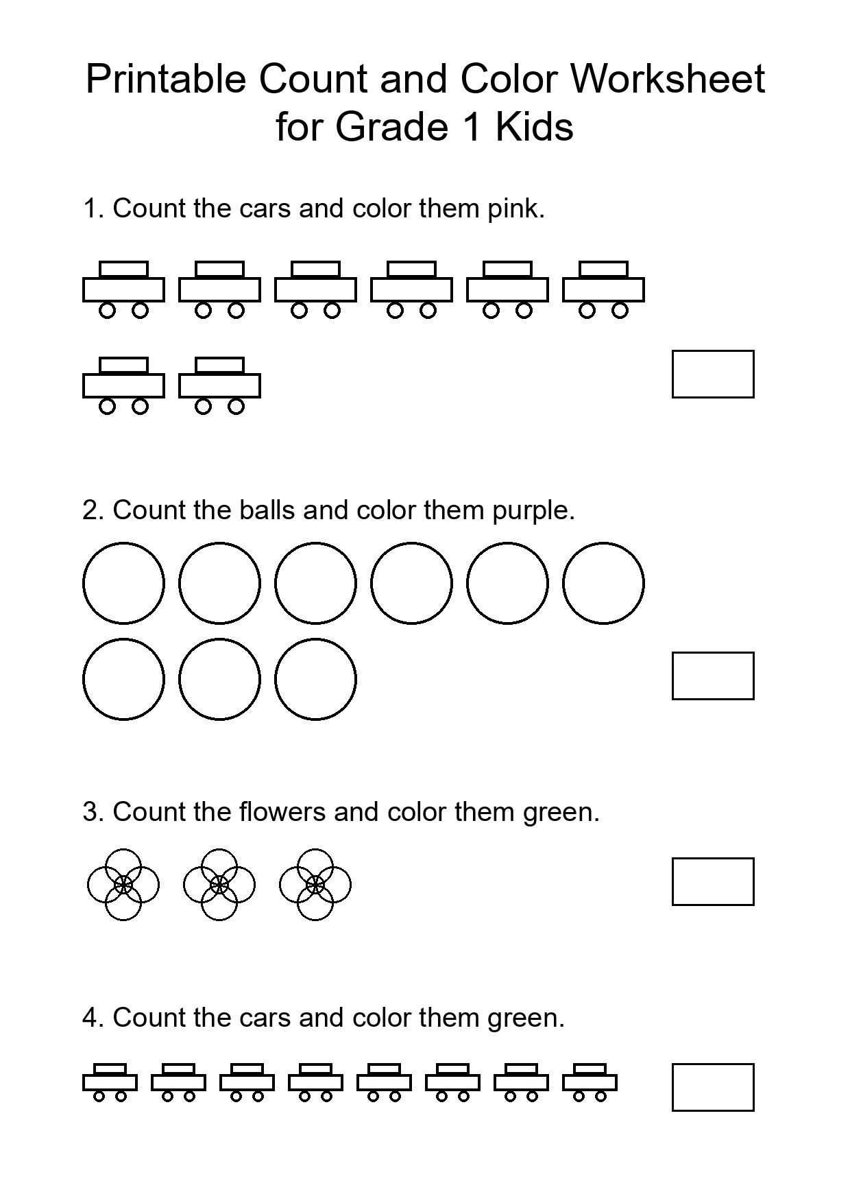 Printable Count and Color Worksheet for Grade 1 Kids
