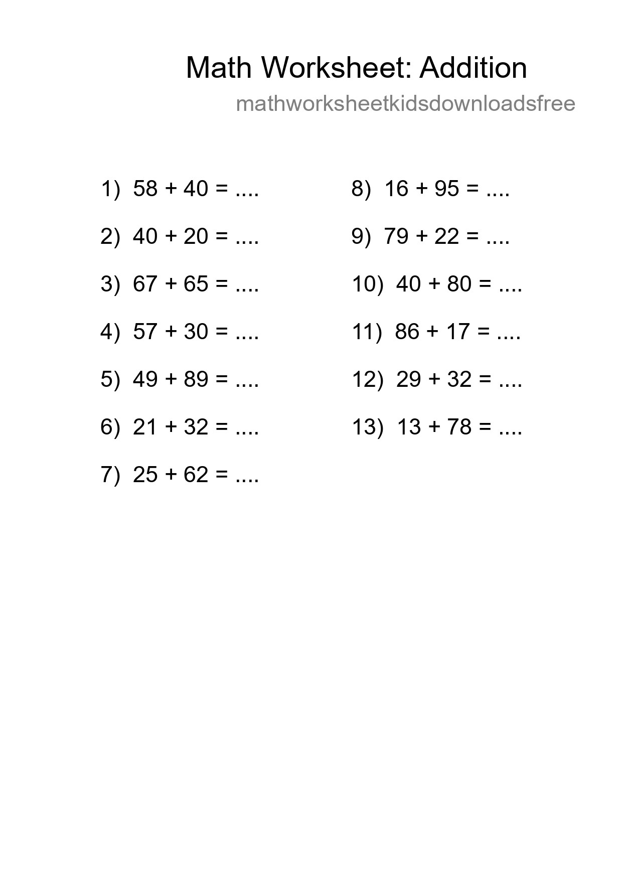 Printable Free 13 Addition Math Worksheet For Grade 3 - Part 232