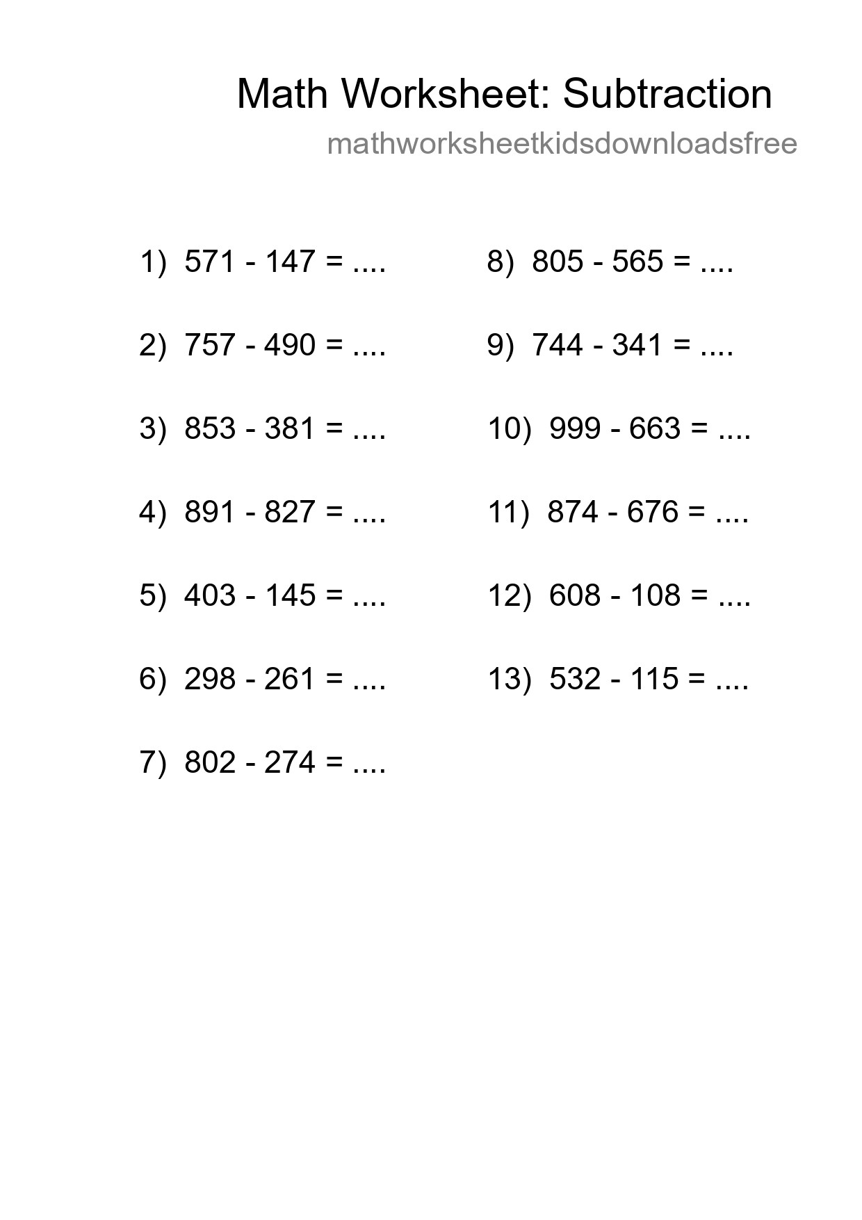 Printable Free 13 Subtraction Math Worksheet For Grade 5 - Part 19