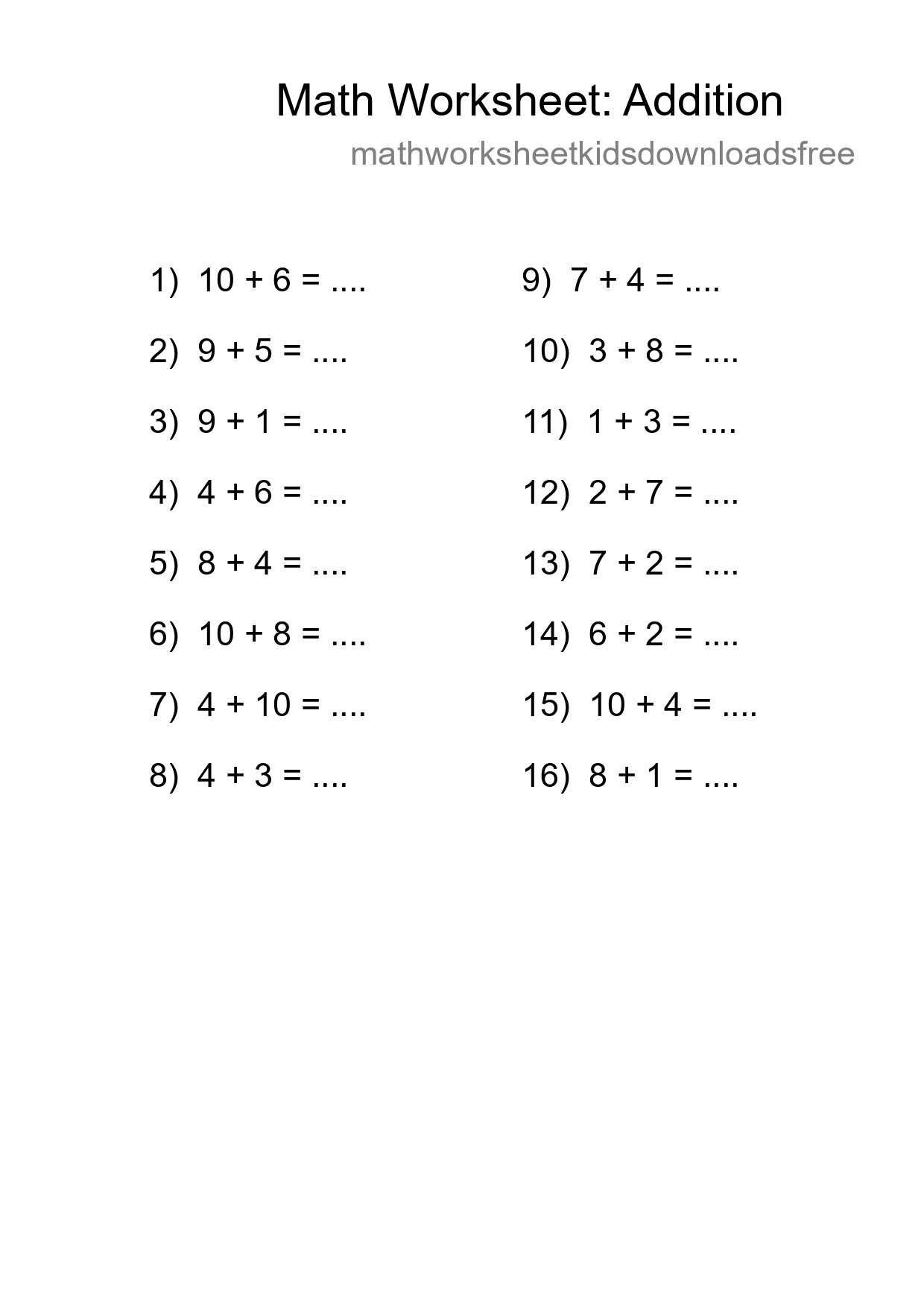Printable Free 16 Addition Math Worksheet For Grade 1 - Part 67