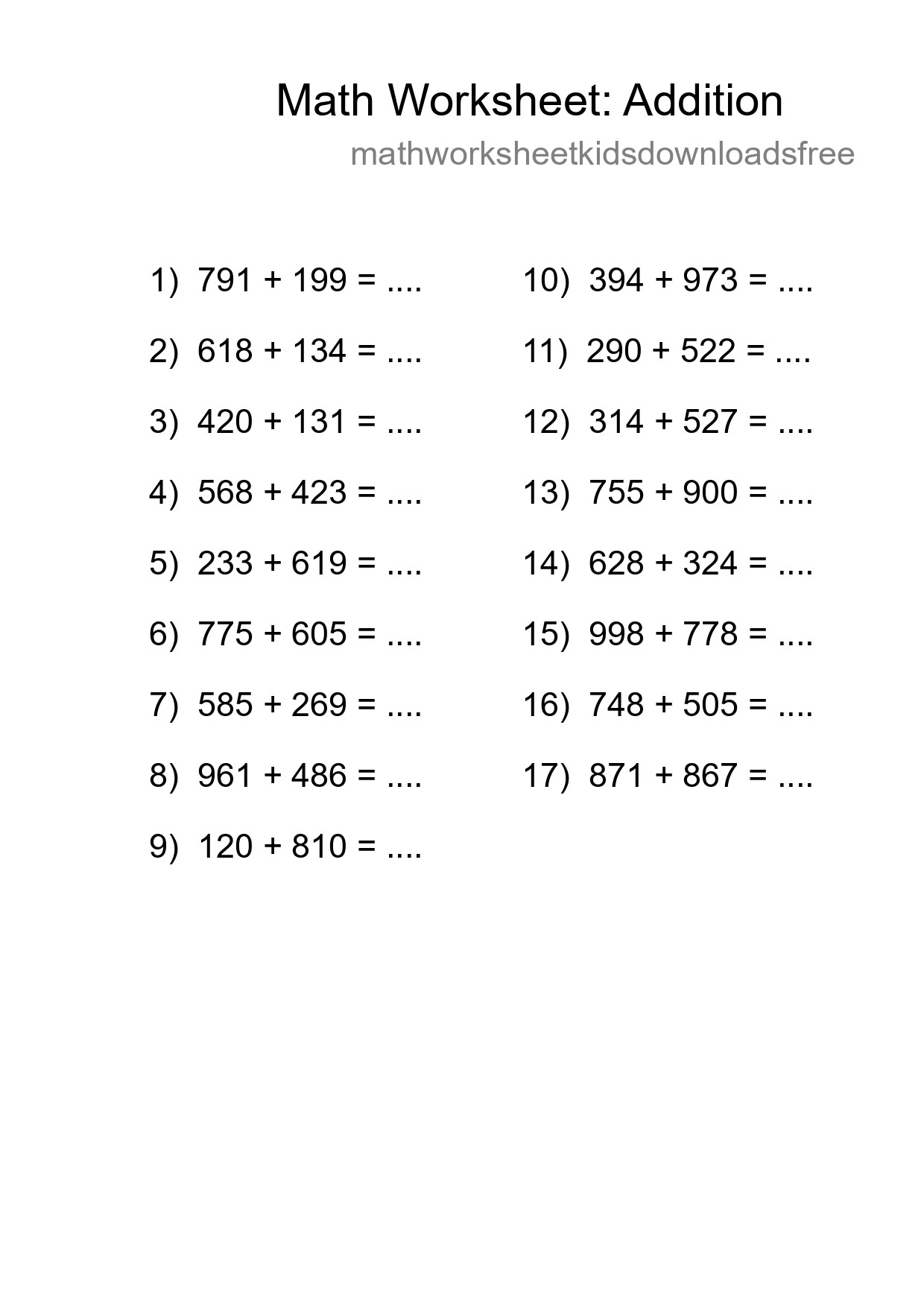 Printable Free 17 Addition Math Worksheet For Grade 5 - Part 210