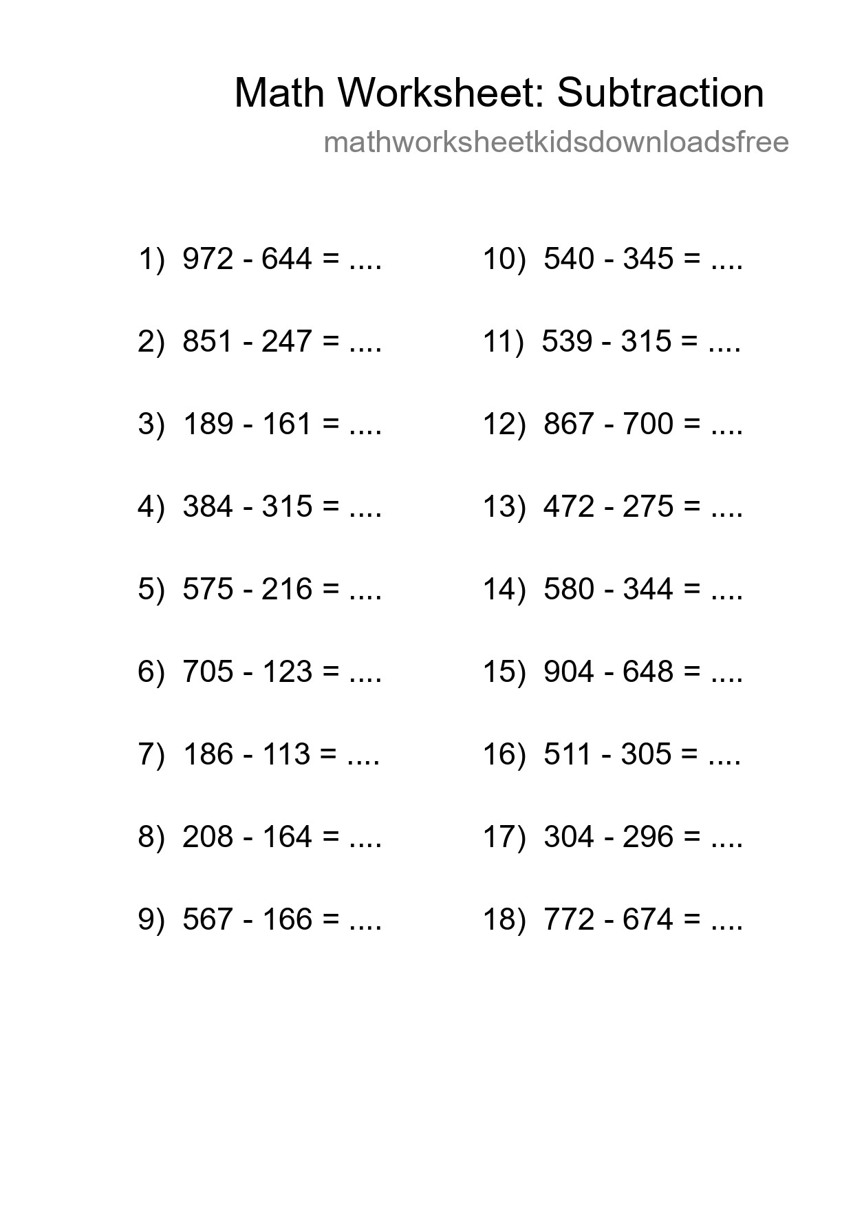 Printable Free 18 Subtraction Math Worksheet For Grade 5 - Part 107