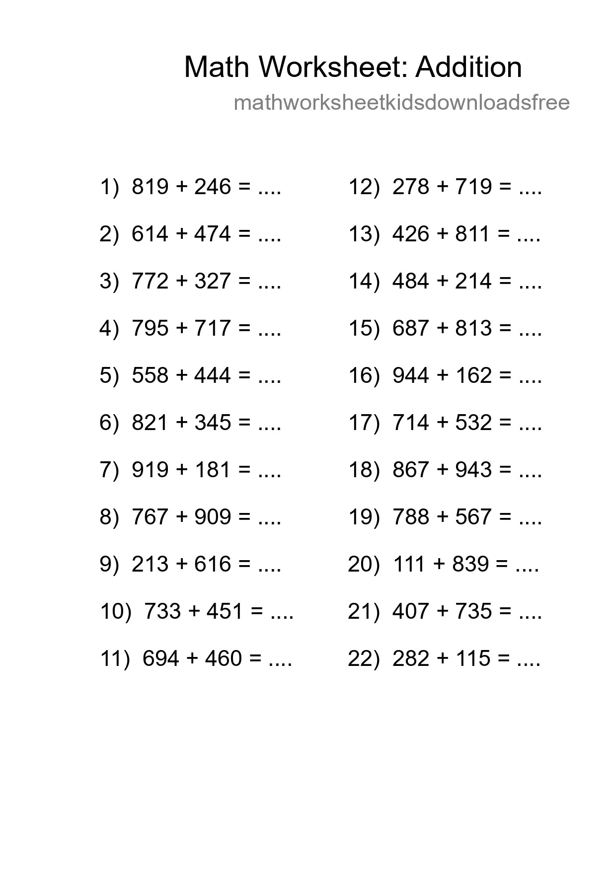 Printable Free 22 Addition Math Worksheet For Grade 5 - Part 45