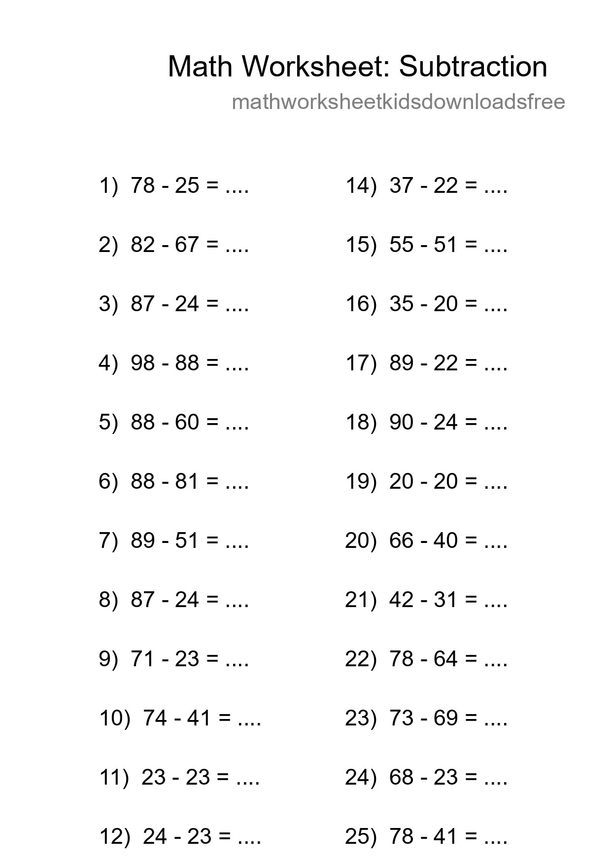 Printable Free 25 Subtraction Math Worksheet For Grade 3 - Part 63