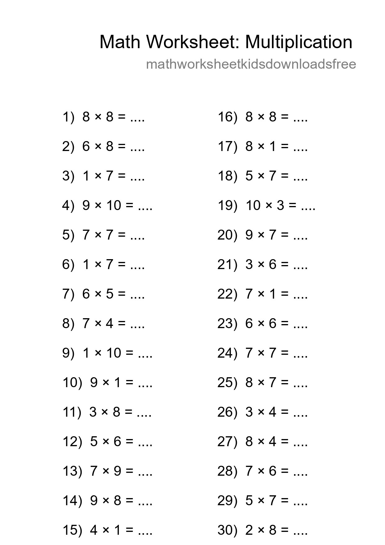 Printable Free 30 Multiplication Math Worksheet For Grade 1 - Part 18